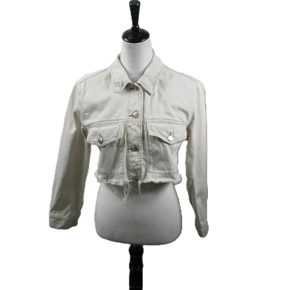 & Denim Cream Cropped Frayed Hem Denim Jacket Size XS